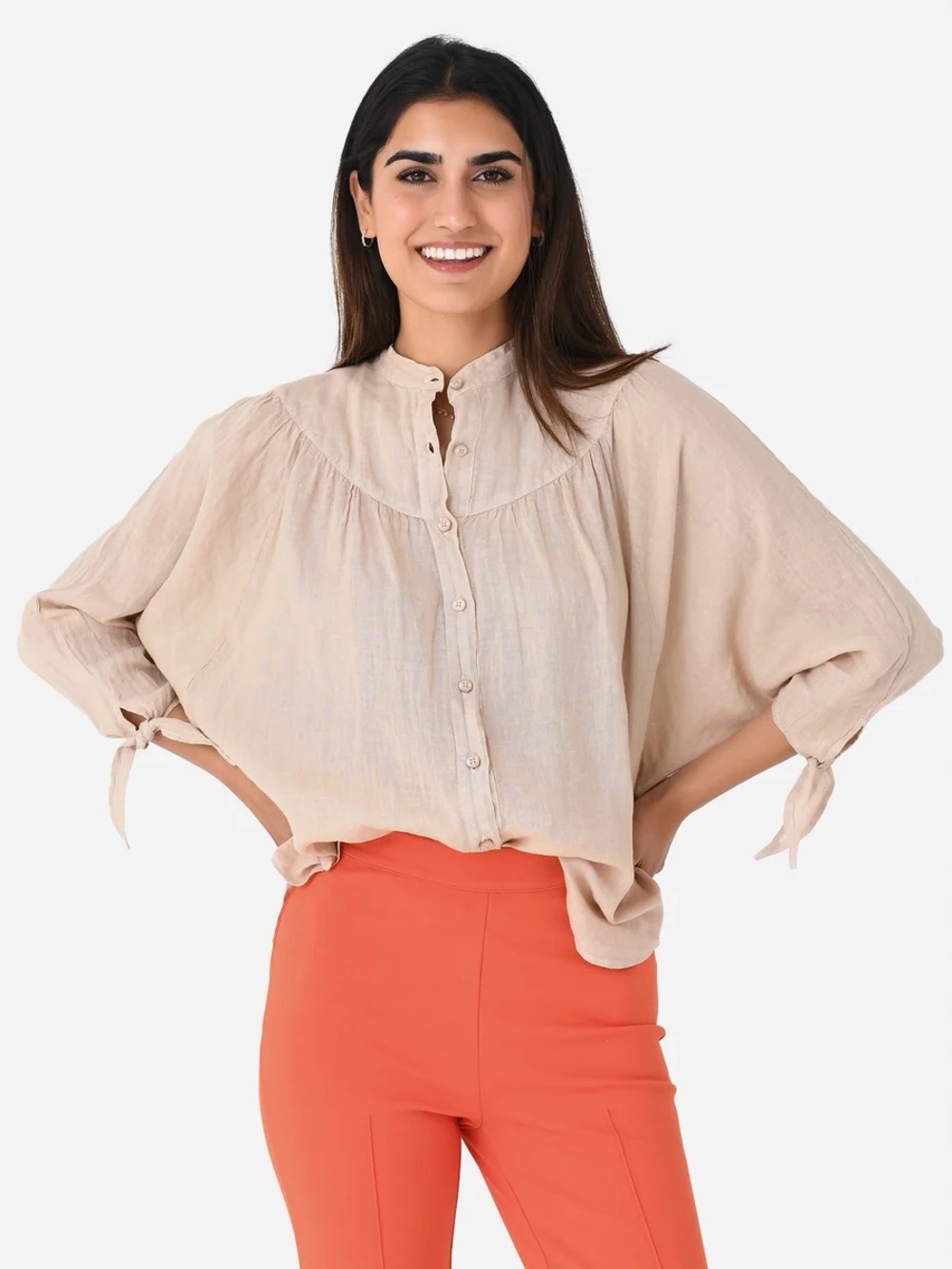Stark X Merc Top Ecru Beige Tie-Sleeve Button Front Women's Top
